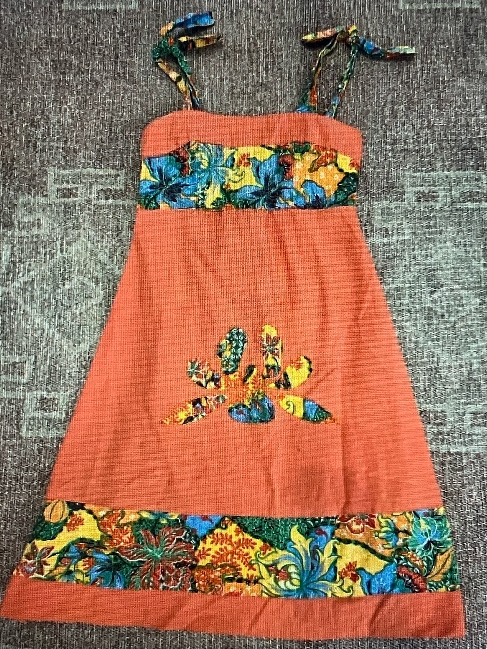 Coral Midi Dress with Tropical-Print Trim